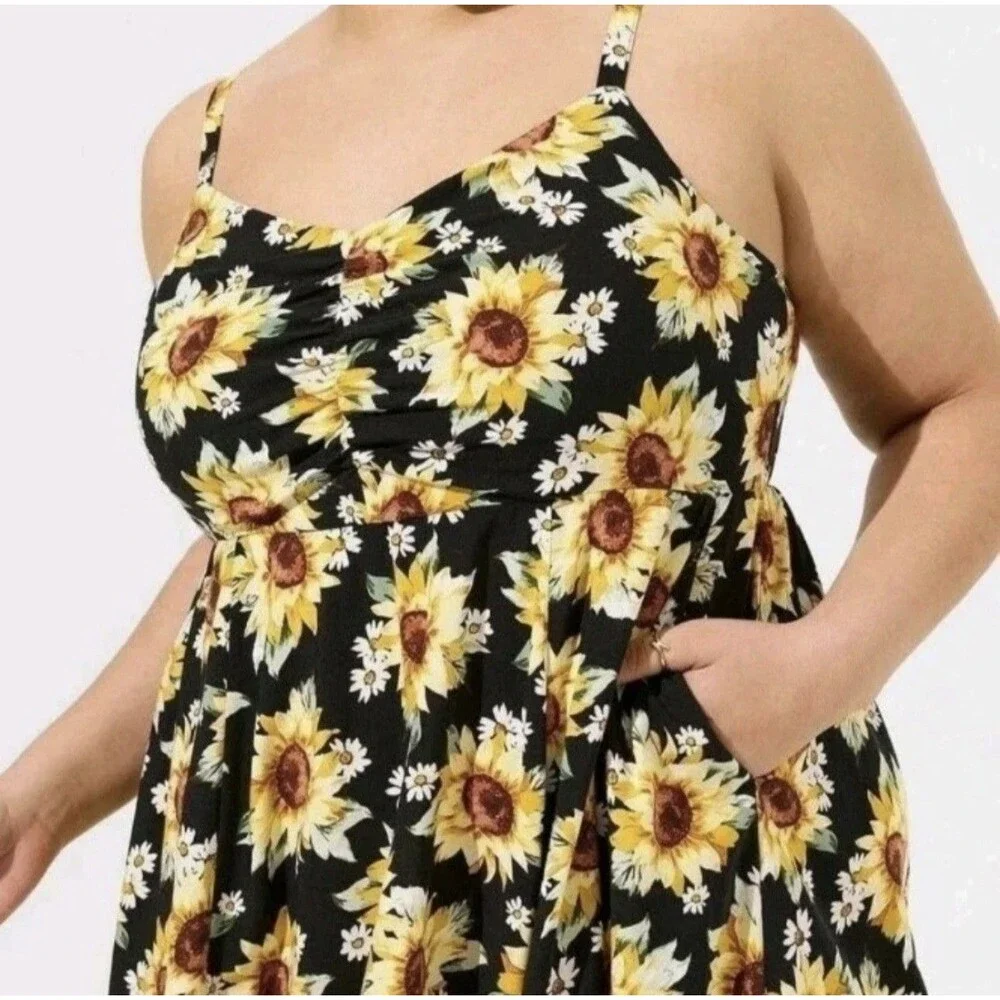 Torrid Sunflower Babydoll Dress 00 Pockets Sleeveless Summer Sundress Boho - Picture 2 of 8